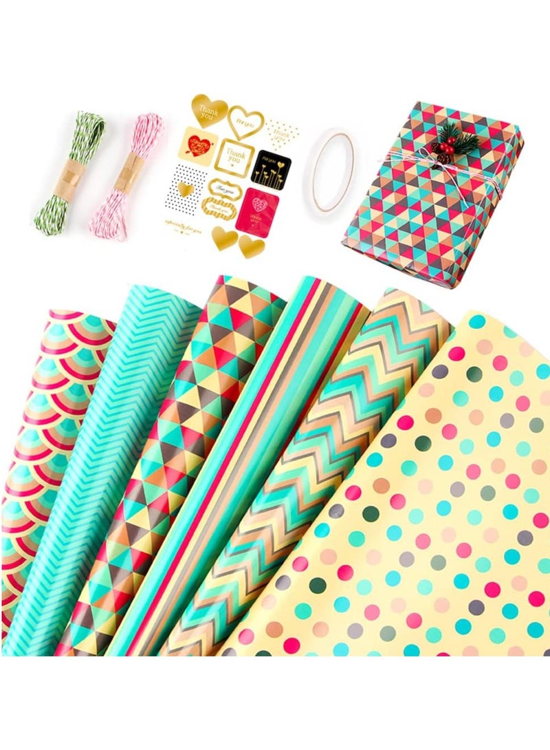 مجموعة ورق تغليف الهدايا، مجموعة من 6 ورق تغليف هدايا 50 × 70، ورق تغليف هدايا عيد الميلاد، ملصقات هدايا، شريط لاصق مزدوج الجوانب، وحبل تغليف - ورق صديق للبيئة وقابل لإعادة التدوير - Image 1