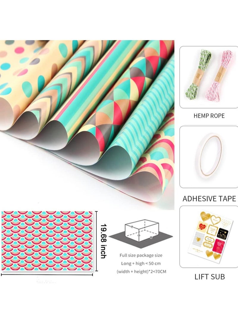 مجموعة ورق تغليف الهدايا، مجموعة من 6 ورق تغليف هدايا 50 × 70، ورق تغليف هدايا عيد الميلاد، ملصقات هدايا، شريط لاصق مزدوج الجوانب، وحبل تغليف - ورق صديق للبيئة وقابل لإعادة التدوير - Image 2