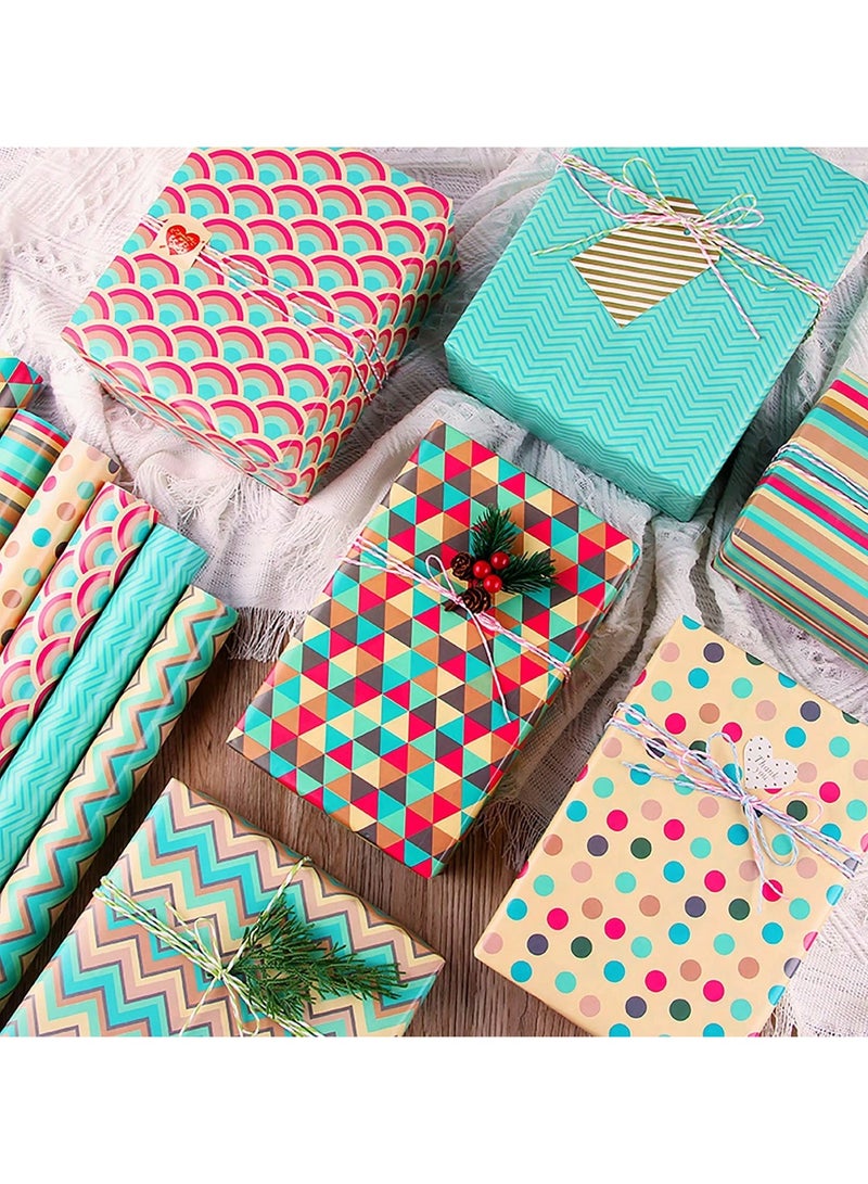 مجموعة ورق تغليف الهدايا، مجموعة من 6 ورق تغليف هدايا 50 × 70، ورق تغليف هدايا عيد الميلاد، ملصقات هدايا، شريط لاصق مزدوج الجوانب، وحبل تغليف - ورق صديق للبيئة وقابل لإعادة التدوير - Image 4