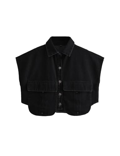 Perbai Womens Cropped Button Down Shirt Summer Collared Sleeveless Loose Denim Top with Pockets(Black-S) - Image 1