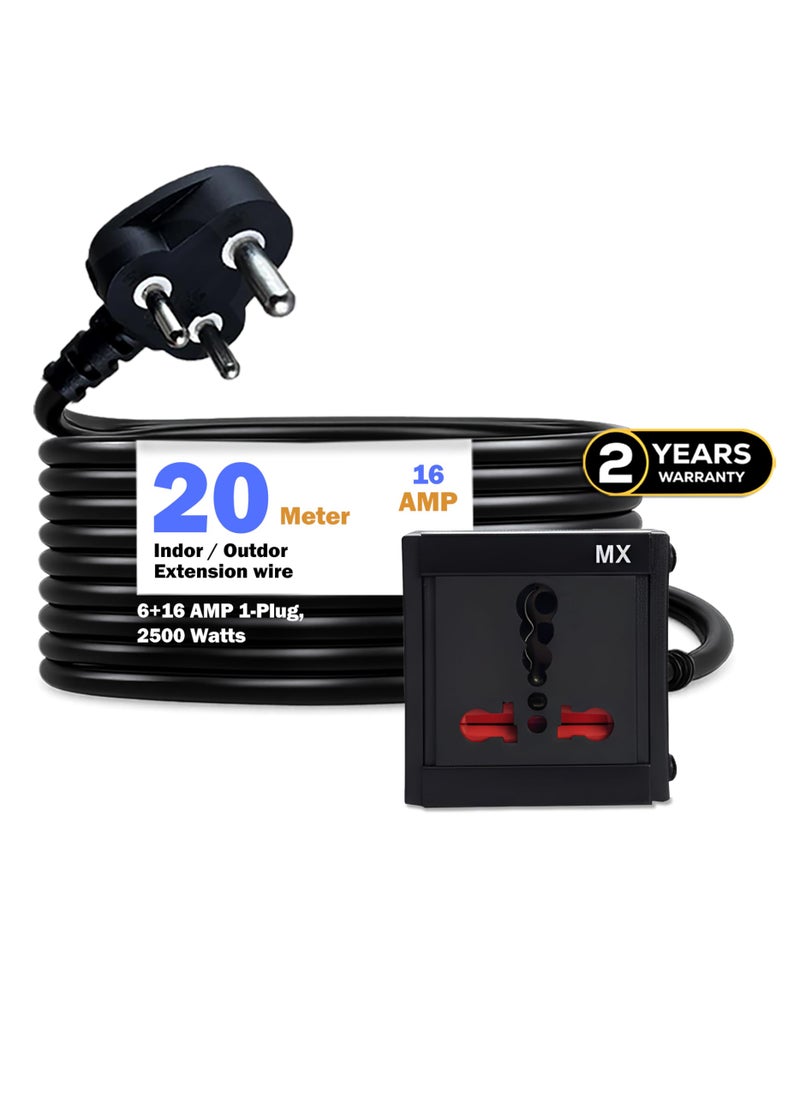 MX 16A Single Socket Extension Board with 20 m Heavy-Duty Cord — 6A to 16A Converter Plug, 3-Pin Plug, Child Safety Shutter, 250V/2500W, ISI Marked Cable (0.75 sq.mm) - Image 1