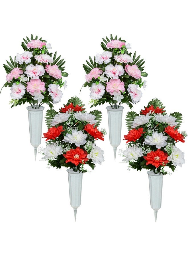 XONOR Artificial Cemetery Flowers, Spring Memorial Bouquet With Vase, Outdoor Grave Flowers Decorations, Artificial Dahlia Bouquet For Graveyard, Headstone Decoration, Set Of 4 - Image 1
