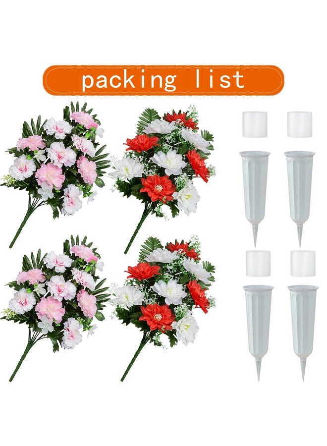 XONOR Artificial Cemetery Flowers, Spring Memorial Bouquet With Vase, Outdoor Grave Flowers Decorations, Artificial Dahlia Bouquet For Graveyard, Headstone Decoration, Set Of 4 - Image 3