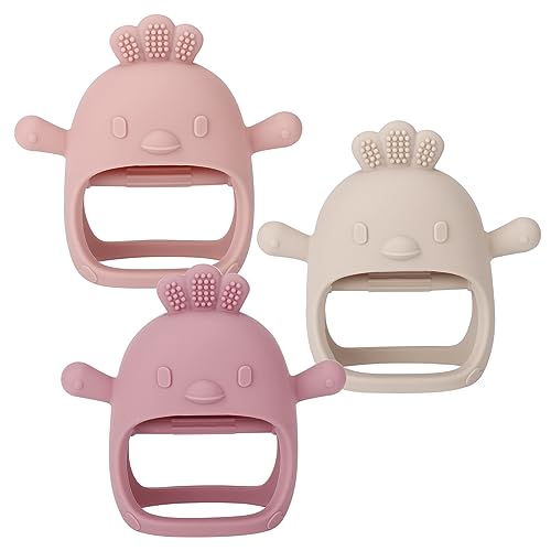 Socub 3 Pack Silicone Baby Teether Toys for Infants 3+ Months, BPA Free Anti-Drop Silicone Mitten Teething Toy for Soothing Sore Gums, Baby Chew Toys for Sucking Needs, Rose Pink,Dark Pink,Beige - Image 1