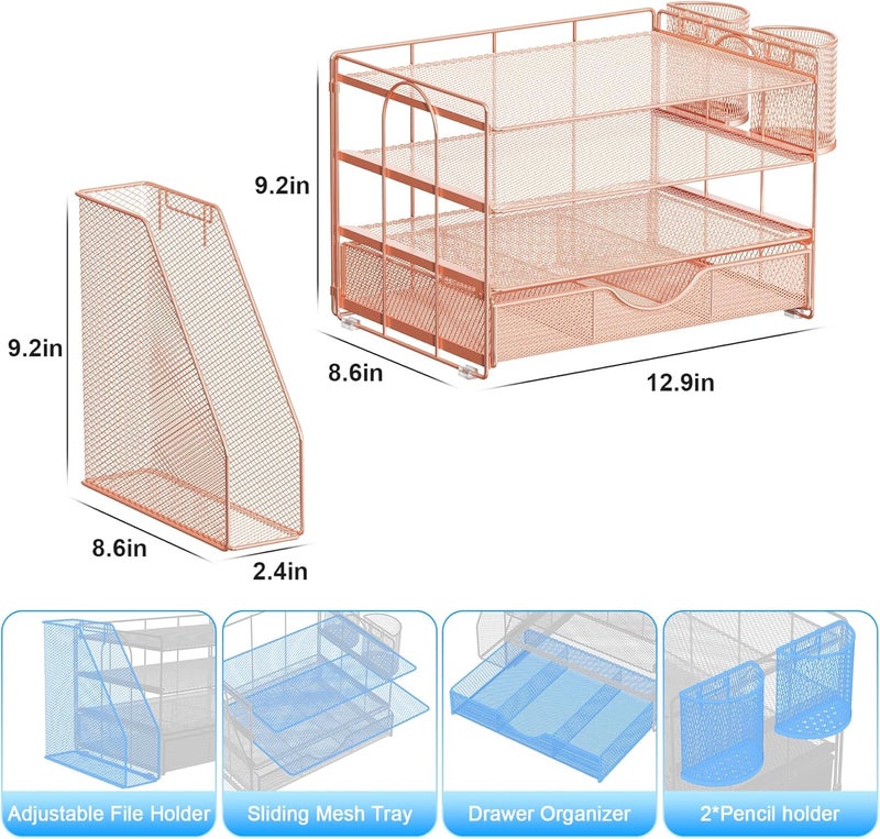 gianotter Paper Letter Tray Organizer with File Holder, 4-Tier Desk Accessories & Workspace Desk Organizers with Drawer and 2 Pen Holder for Office Supplies (Rose Gold) - Image 5