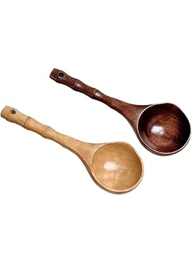 Natural Wooden Water Ladle Set 2 Pieces Long Handle Scoop for Kitchen Bath Hair Washing - Image 1