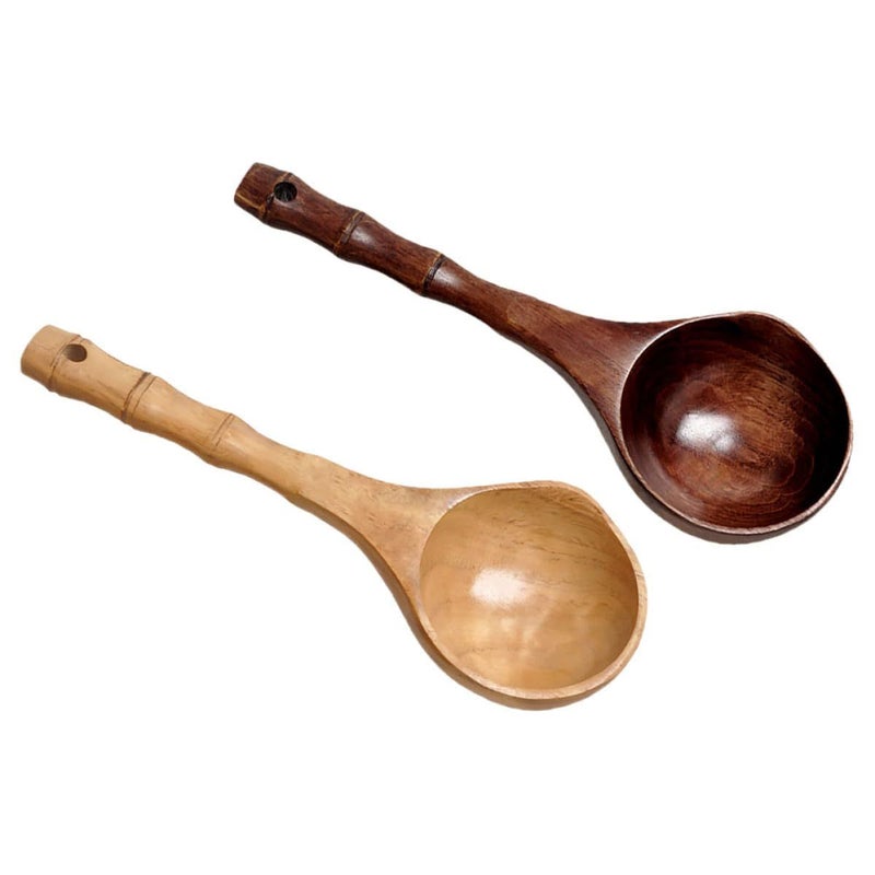 Natural Wooden Water Ladle Set 2 Pieces Long Handle Scoop for Kitchen Bath Hair Washing - Image 2