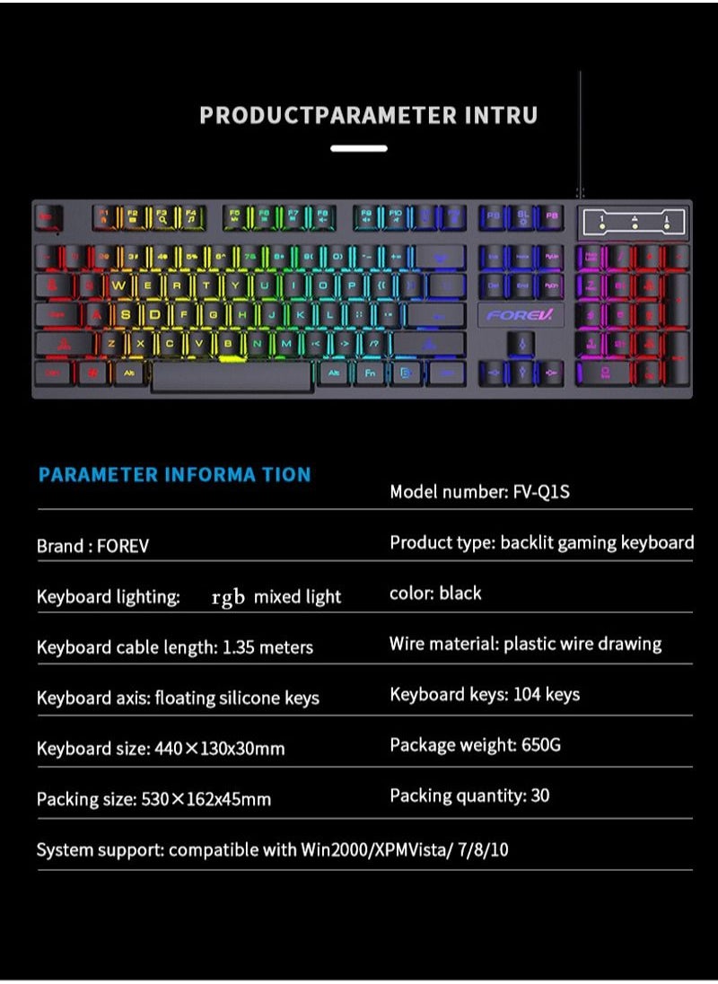 Forev - RGB Gaming Keyboard Mouse Set, Mechanical Keyboard Feel Keyboard,104 Keys Transparent Keycap Keyboard with Mouse, for Gaming Office - Image 1
