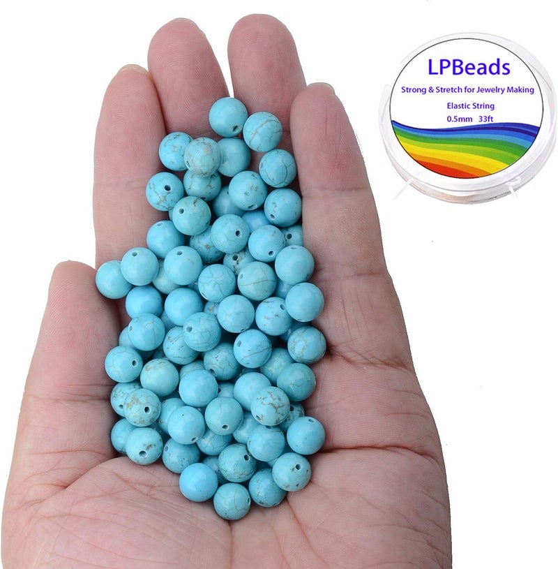 LPBeads 100PCS 8mm Blue Turquoise Gemstone Round Loose Beads for Jewelry Making with Crystal Stretch Cord - Image 2