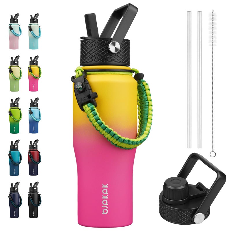 Bjpkpk Insulated Water Bottles With Straw Lid  23Oz Metal Water Bottle With 2 Lids & Paracord Strap  Double Wall Stainless Steel Vacuum Tumblers  Cups Thermo For Hot& Cold Drinks  Pink & Yellow Rose - Image 1