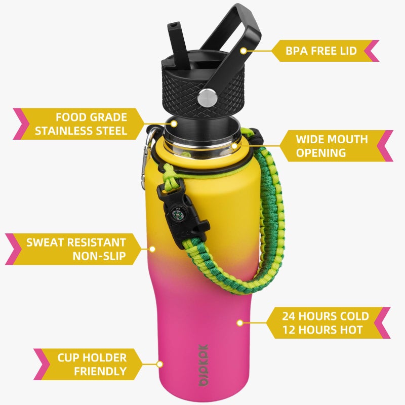 Bjpkpk Insulated Water Bottles With Straw Lid  23Oz Metal Water Bottle With 2 Lids & Paracord Strap  Double Wall Stainless Steel Vacuum Tumblers  Cups Thermo For Hot& Cold Drinks  Pink & Yellow Rose - Image 2