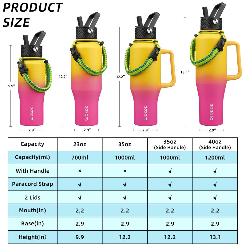 Bjpkpk Insulated Water Bottles With Straw Lid  23Oz Metal Water Bottle With 2 Lids & Paracord Strap  Double Wall Stainless Steel Vacuum Tumblers  Cups Thermo For Hot& Cold Drinks  Pink & Yellow Rose - Image 5