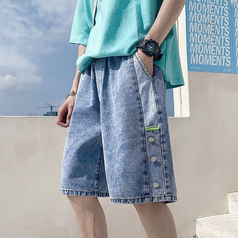 Summer Hong Kong Style Washed Denim Pants Mens Instagram Popular Brand Loose Breasted Shorts Student Loose Drawstring Pants Blue  - Image 1