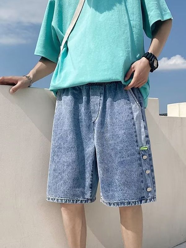 Summer Hong Kong Style Washed Denim Pants Mens Instagram Popular Brand Loose Breasted Shorts Student Loose Drawstring Pants Blue  - Image 4