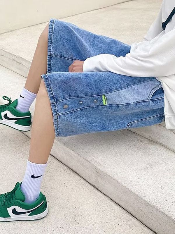 Summer Hong Kong Style Washed Denim Pants Mens Instagram Popular Brand Loose Breasted Shorts Student Loose Drawstring Pants Blue  - Image 5