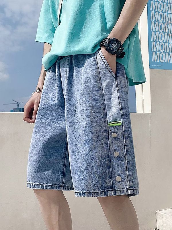 Summer Hong Kong Style Washed Denim Pants Mens Instagram Popular Brand Loose Breasted Shorts Student Loose Drawstring Pants Blue  - Image 2