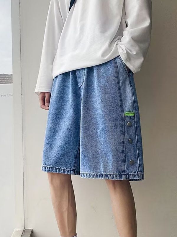 Summer Hong Kong Style Washed Denim Pants Mens Instagram Popular Brand Loose Breasted Shorts Student Loose Drawstring Pants Blue  - Image 3
