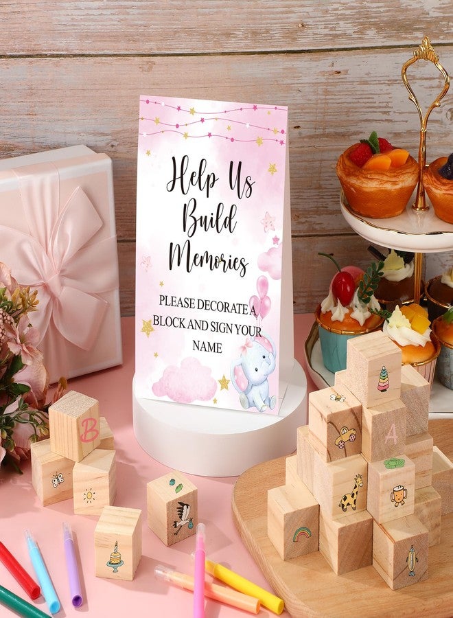 Dinifee 125 Pcs Baby Shower Decorate a Block Game Set Includes Help Us Build Memories Sign 100 DIY Blank Wooden Block 24 Paint Marker Prize for Wedding Baby Shower Game(Pink Elephant) - Image 4