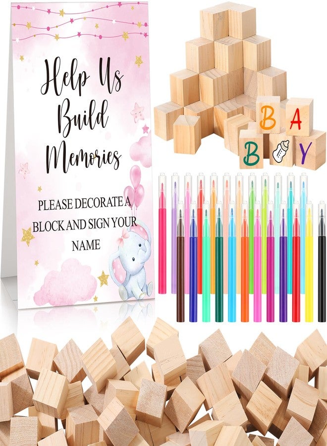 Dinifee 125 Pcs Baby Shower Decorate a Block Game Set Includes Help Us Build Memories Sign 100 DIY Blank Wooden Block 24 Paint Marker Prize for Wedding Baby Shower Game(Pink Elephant) - Image 1