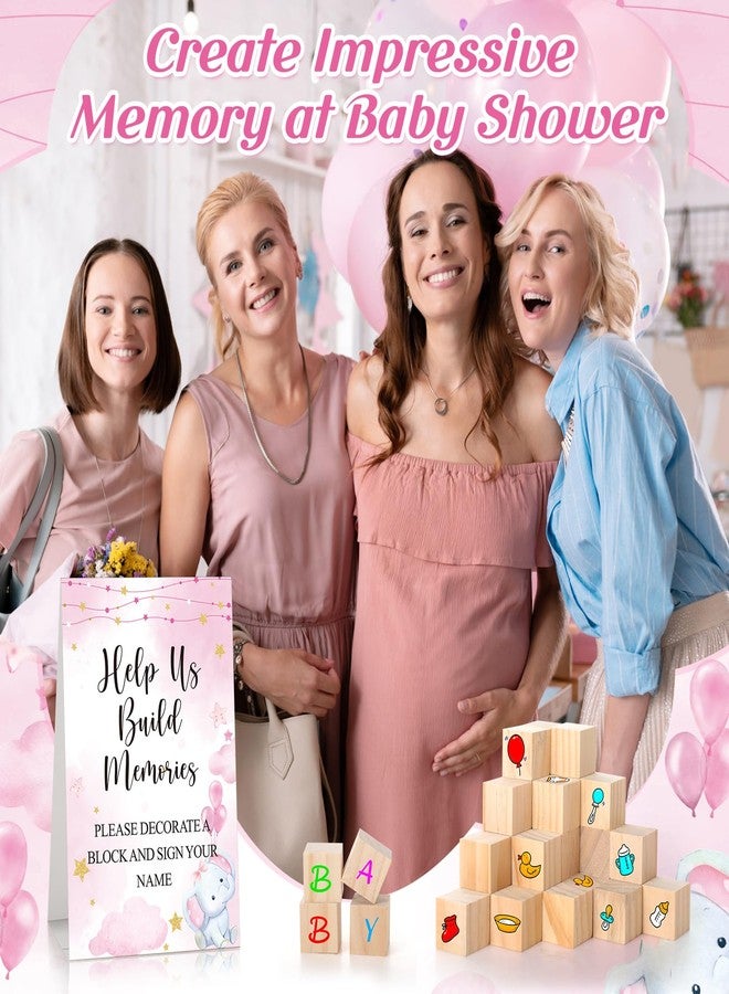 Dinifee 125 Pcs Baby Shower Decorate a Block Game Set Includes Help Us Build Memories Sign 100 DIY Blank Wooden Block 24 Paint Marker Prize for Wedding Baby Shower Game(Pink Elephant) - Image 5