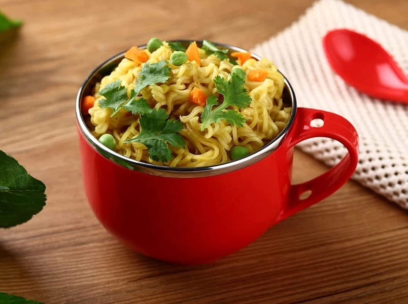 Dhavl Stainless Steel Maggie-Noodle Bowl with Lid, Handle, Fork & Spoon, Tableware Snack Food Container Mug Bowl for Kitchen (1) - Image 2