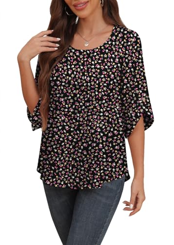 Askyes Womens Chiffon Short Sleeve Summer Tops for Women 2025 Work Business Shirts,Black Riven Floral,L - Image 1