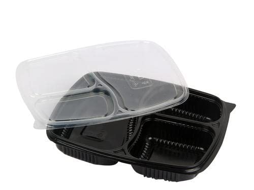 ACHIEVER PACKAGING 3 Compartment Unbreakable Made Of 100% Bpa Free Food Grade Virgin Plastic Plates Meal Tray With Lid For Dinner, Lunch - Pack Of 100, Black - Image 2