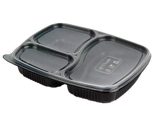 ACHIEVER PACKAGING 3 Compartment Unbreakable Made Of 100% Bpa Free Food Grade Virgin Plastic Plates Meal Tray With Lid For Dinner, Lunch - Pack Of 100, Black - Image 1