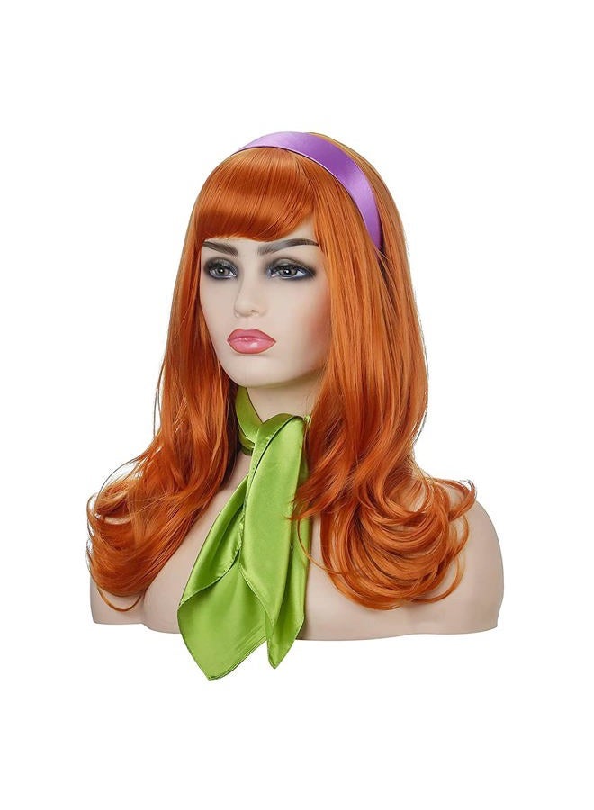 FVCENT Long Wavy Orange Wig Full Bangs Ginger Wigs Halloween Cosplay Costume Party Synthetic Wig With Purple Head bang and Green Scarf (Daphne) - Image 3
