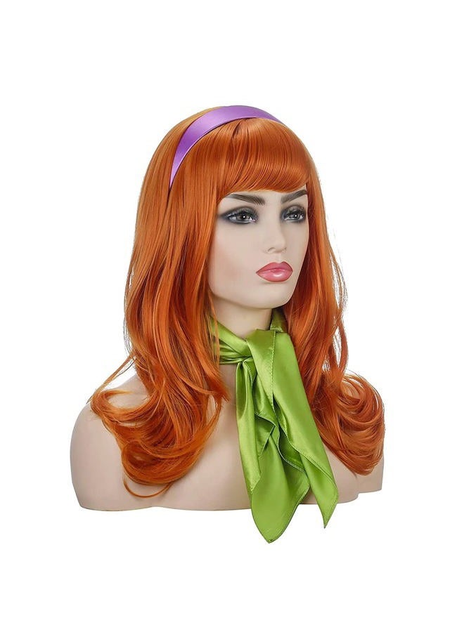 FVCENT Long Wavy Orange Wig Full Bangs Ginger Wigs Halloween Cosplay Costume Party Synthetic Wig With Purple Head bang and Green Scarf (Daphne) - Image 1
