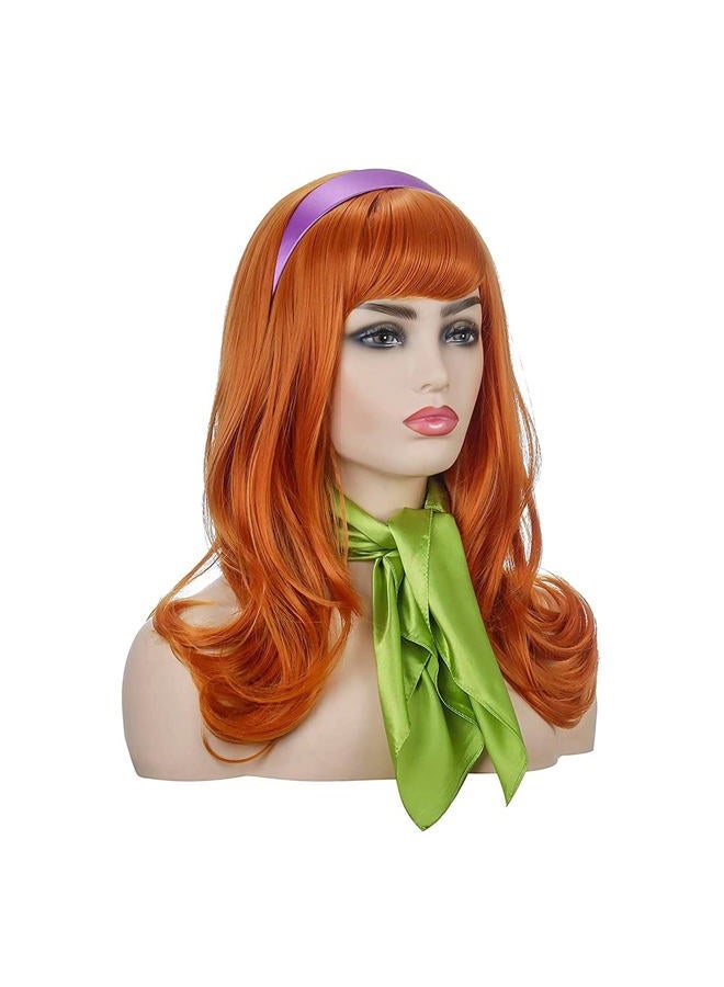FVCENT Long Wavy Orange Wig Full Bangs Ginger Wigs Halloween Cosplay Costume Party Synthetic Wig With Purple Head bang and Green Scarf (Daphne) - Image 5