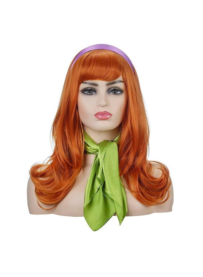 FVCENT Long Wavy Orange Wig Full Bangs Ginger Wigs Halloween Cosplay Costume Party Synthetic Wig With Purple Head bang and Green Scarf (Daphne) - Image 2