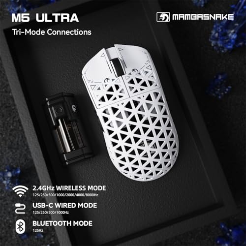 MAMBASNAKE M5 Ultra Carbon Fiber 8KHz Wireless Gaming Mouse,PAW3950 Sensor 42K DPI,39g Lightweight Tri-Mode 2.4GHz/BT/Wired Computer Mice,Web Driver Support,for Win/Mac/FPS/MOBA/Esports-White (A) - Image 2