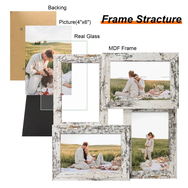 YESKAY 4x6 Collage Picture Frames Set of 1, Multi Family Photo Frame with Real Glass, Displays Four 4x6 Photo, Wall Decor Wall Hanging or Tabletop, Distressed White - Image 3