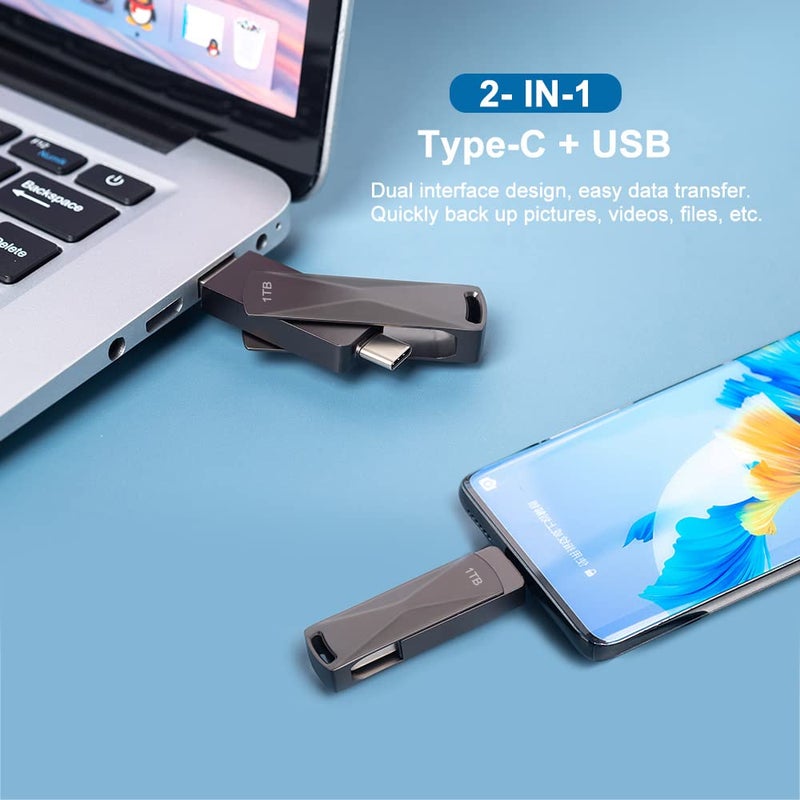 ذاكرة فلاش USB سعة 1 تيرا بايت سوداء: غلاف معدني يدور بزاوية 360 درجة ونقل عالي السرعة - واجهات USB 3.0 مزدوجة من النوع C لـ الهواتف الذكية والتابلت والكمبيوتر مع وظيفة OTG - Image 3