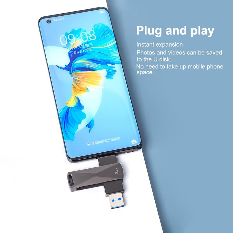 ذاكرة فلاش USB سعة 1 تيرا بايت سوداء: غلاف معدني يدور بزاوية 360 درجة ونقل عالي السرعة - واجهات USB 3.0 مزدوجة من النوع C لـ الهواتف الذكية والتابلت والكمبيوتر مع وظيفة OTG - Image 2
