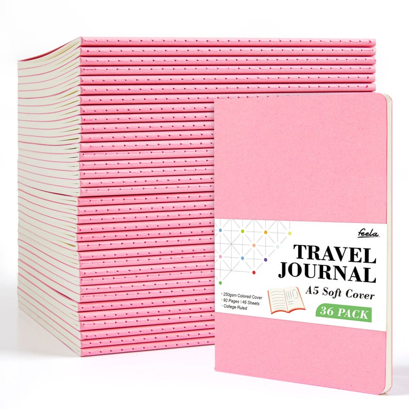 feela 36 Pack Soft Cover Journal Bulk, Lined Blank Travel Journal for Women Men Writing, Notebooks College Ruled for Work, Note Taking Notebook School Business Supplies, 8.2â€ x 5.5â€, A5, Pink - Image 1