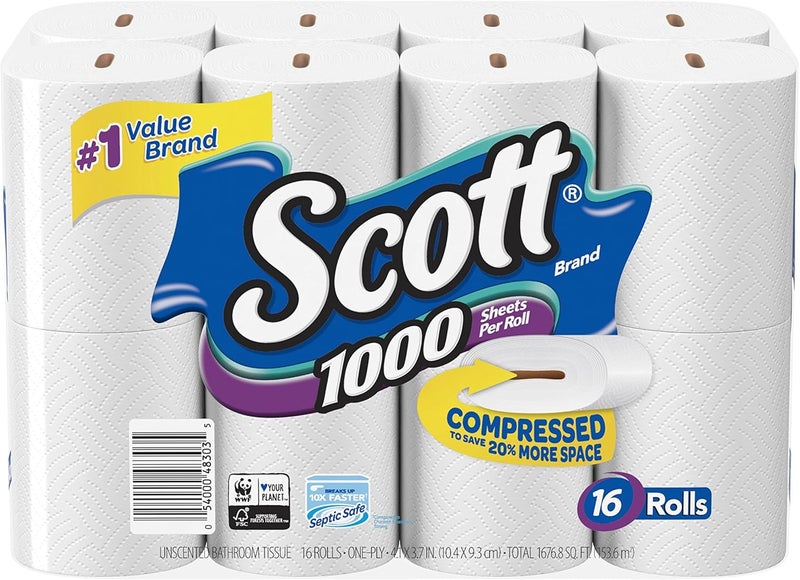 Scott 1000 Sheets Per Roll Toilet Paper, Bath Tissue, 16 Rolls (Pack of 1) - Image 1