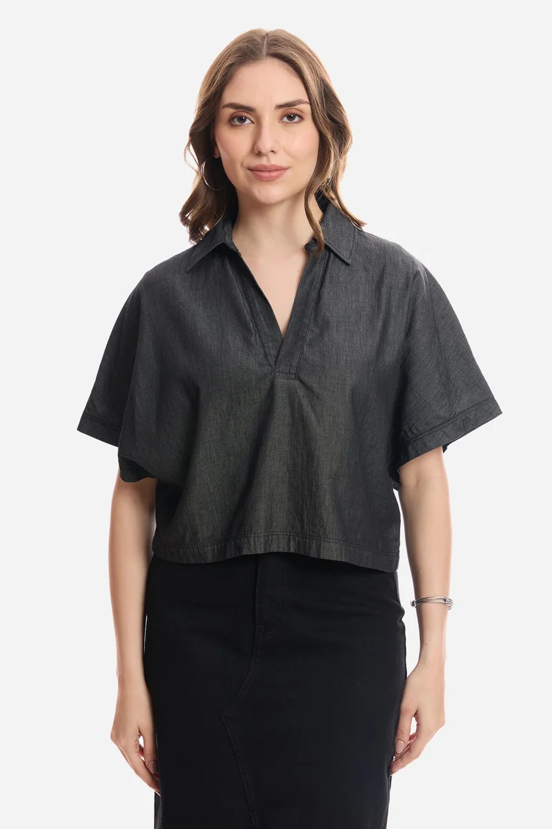 فيرجيو Solid Cotton Dolman Sleeve Denim Top for Women