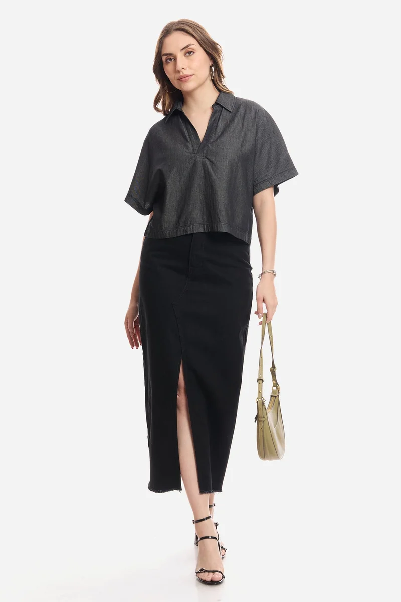 فيرجيو Solid Cotton Dolman Sleeve Denim Top for Women