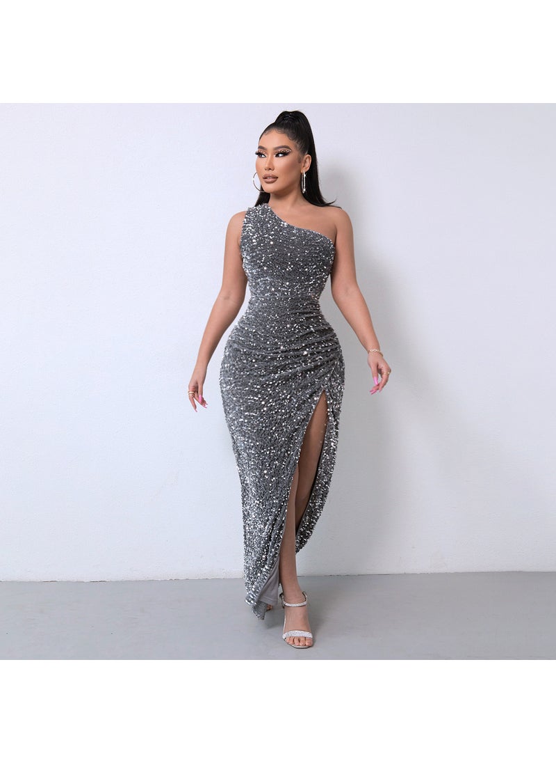 Generic - 2024 Summer Sequin Sleeveless Slit Ankle-Length Bodycon Dress White - Image 1