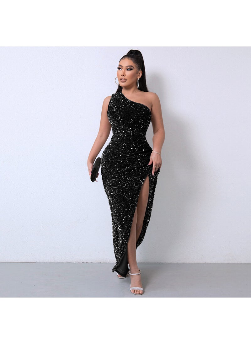 Generic - 2024 Summer Sequin Sleeveless Slit Ankle-Length Bodycon Dress White - Image 1