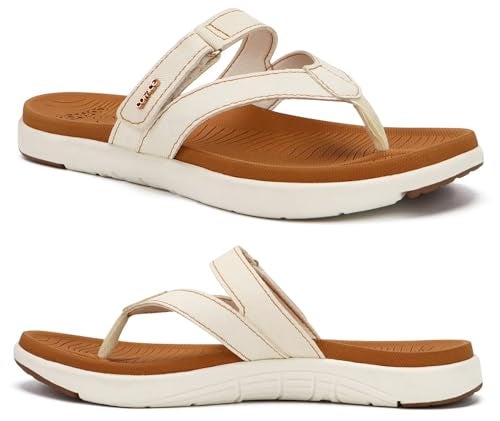 COFACE Womens Orthopedic Flip Flops Ladies Slip On Athletic Yoga Mat Memory Foam Cushioned Recovery Walking Thong Sandals Summer Beach Pool Slippers Plantar Fasciitis Arch Support White Brown Size 8 - Image 1