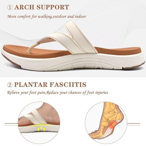 COFACE Womens Orthopedic Flip Flops Ladies Slip On Athletic Yoga Mat Memory Foam Cushioned Recovery Walking Thong Sandals Summer Beach Pool Slippers Plantar Fasciitis Arch Support White Brown Size 8 - Image 3