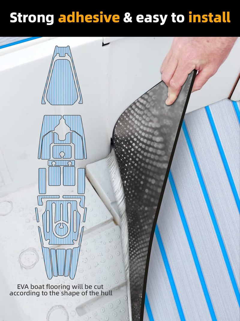 FOCEAN Boat Flooring EVA Foam Boat Decking Faux Teak Marine Flooring Marine Mat Sheet for Motorboat RV Yacht Kayak Surfboard, 94.5''x 15.7'', Grey with Blue Lines - Image 3