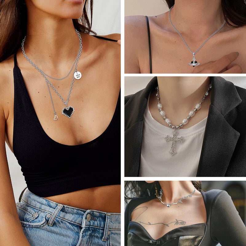 Sanfenly Vintage Gothic Necklace Set for Women Punk Grunge Cross Heart Bat Spider Angel Wing Saturn Skull Pendant Layered Choker Statement Necklaces - Image 4