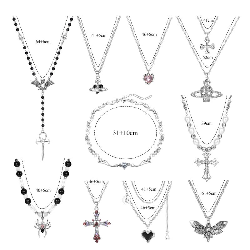 Sanfenly Vintage Gothic Necklace Set for Women Punk Grunge Cross Heart Bat Spider Angel Wing Saturn Skull Pendant Layered Choker Statement Necklaces - Image 5