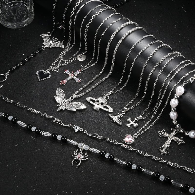 Sanfenly Vintage Gothic Necklace Set for Women Punk Grunge Cross Heart Bat Spider Angel Wing Saturn Skull Pendant Layered Choker Statement Necklaces - Image 2