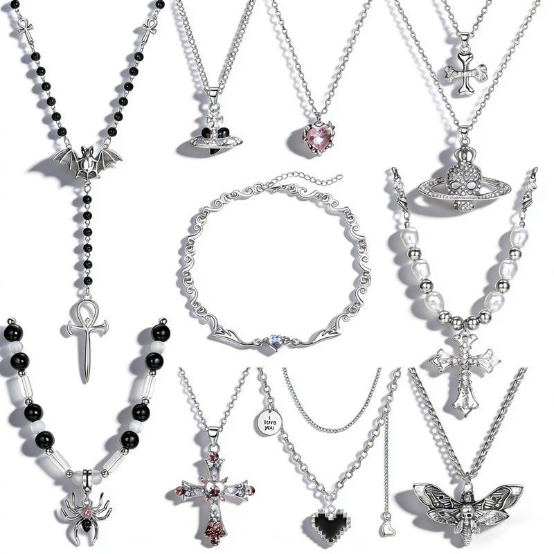 Sanfenly Vintage Gothic Necklace Set for Women Punk Grunge Cross Heart Bat Spider Angel Wing Saturn Skull Pendant Layered Choker Statement Necklaces - Image 1