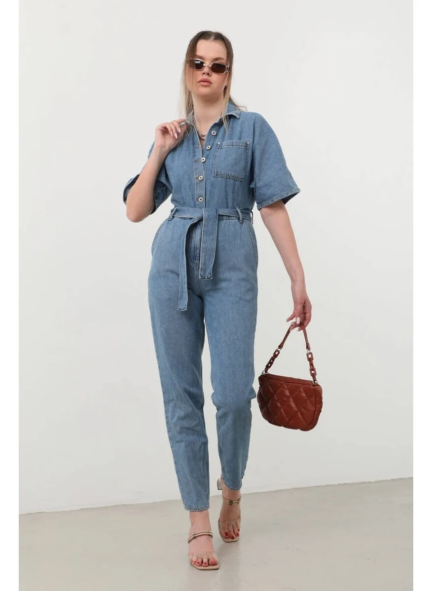 Banny Jeans Women Bat Sleeve Jean Jumpsuit Blue